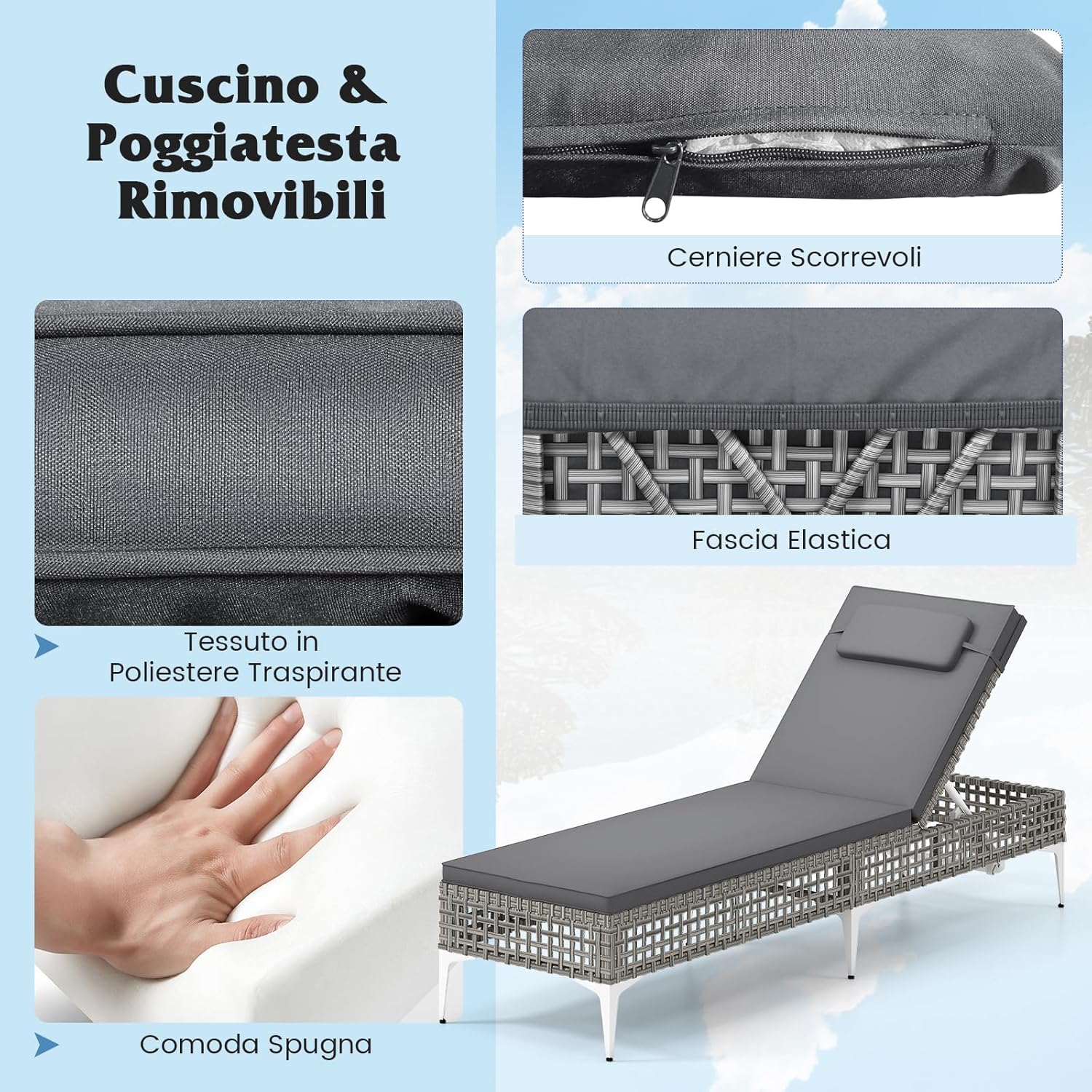 Lettino Prendisole Giardino in Rattan PE, Sedia a Sdraio da Patio, con Schienale Regolabile a 6 Livelli, Cuscino e Poggiatesta Removibili, Lettino Esterno per Piscina Terrazza, Portata 180 kg