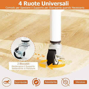 Supporto per Stampante, Carrello Stampante a 3 Livelli con Ripiani di Stoccaggio e Ruote con Blocco, Altezza Regolabile, per Stampante 3D Scanner Fax, 49 x 40 x 65/77 cm (Bianco)