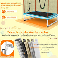 Trampolino Rettangolare per Bambini 3-in-1 190 x 124 cm, Tappetto Elastico per Bambini da Esterno ed Interno con Rete, Altalena, Barra, Copertura e Design senza Fessure