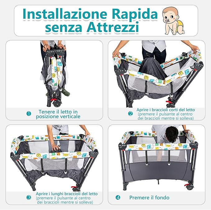 5 in 1 Lettino da Campeggio per Bambini, Lettino con Materasso per Neonato, Culla da Viaggio con Fasciatoio, Altezza Regolabile, Ruote con Freno, per Bambini 0-36 Mesi (Grigio)
