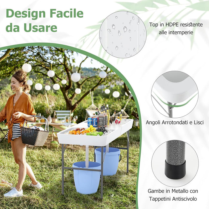 Tavolo Pieghevole Giardino 150 cm, Tavolo da Esterno con Doppi Lavelli, Tubi di Scarico, con Raffreddatore per Ghiaccio, Contenitore per Bevande, per Giardino Campeggio
