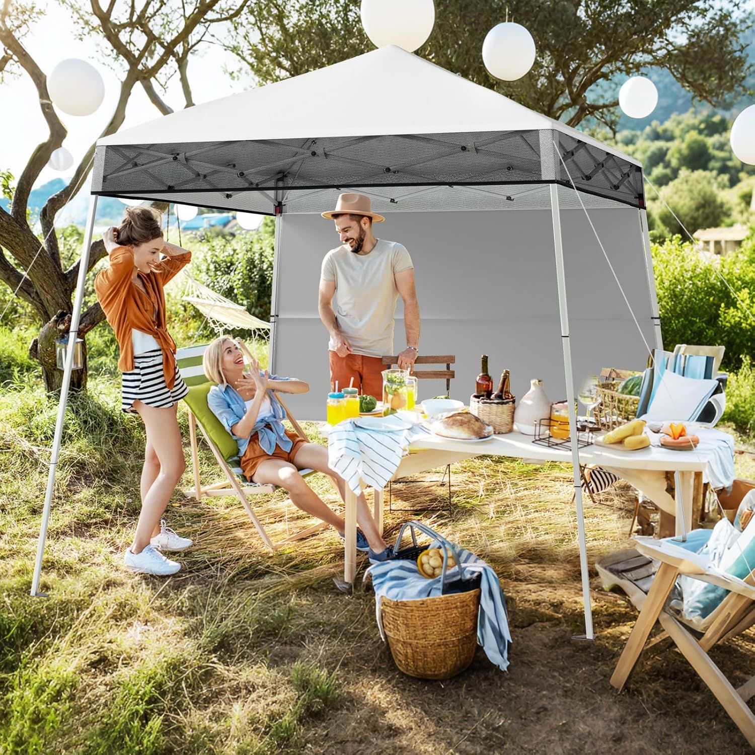 Gazebo Pop-up da Esterno 182 x 182 cm, Gazebo Pieghevole con 1 Parete Laterale, Gambe Inclinabili Regolabili e 4 Picchetti, Tendone Impermeabile per Feste, Campeggio e Picnic (Bianco)