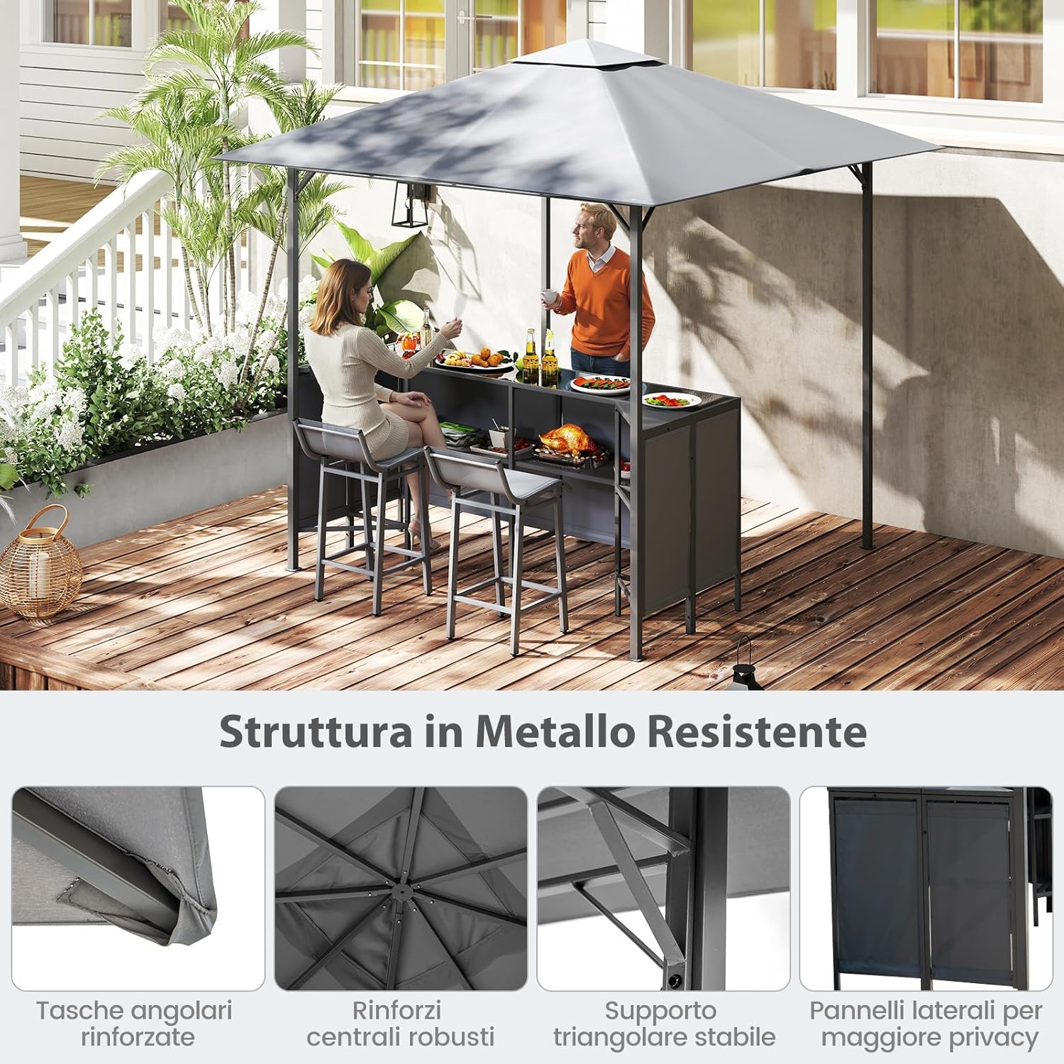 Gazebo da Esterno 245 x 245 x 243 cm, Set da Bar 3 Pezzi con Doppio Piano con 2 Sgabelli, Tavolo in Vetro Temperato e 2 Sedie, Tenda Impermeabile per Feste, BBQ in Giardino e Cortile