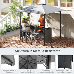 Gazebo da Esterno 245 x 245 x 243 cm, Set da Bar 3 Pezzi con Doppio Piano con 2 Sgabelli, Tavolo in Vetro Temperato e 2 Sedie, Tenda Impermeabile per Feste, BBQ in Giardino e Cortile
