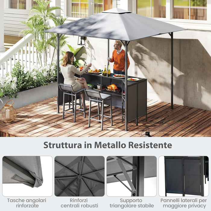 Gazebo da Esterno 245 x 245 x 243 cm, Set da Bar 3 Pezzi con Doppio Piano con 2 Sgabelli, Tavolo in Vetro Temperato e 2 Sedie, Tenda Impermeabile per Feste, BBQ in Giardino e Cortile