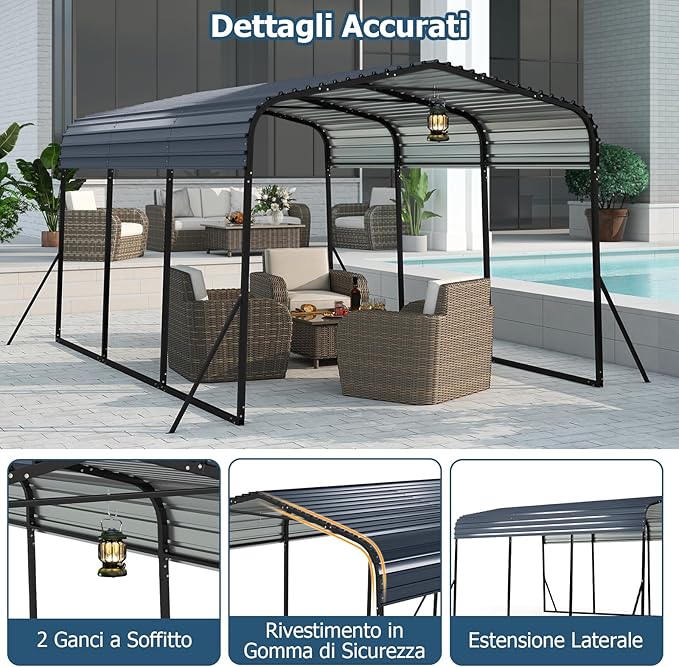 Tenda da Garage 440 x 300 cm, Tettoia per Auto in Metallo con Base Rinforzata e 4 Gambe Inclinate Aiiunte, Gazebo da Esterno per SUV, Feste e Barbecue