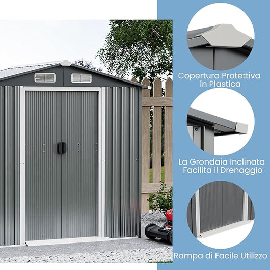 Capanno da Giardino 2,34㎡, Casetta Porta Attrezzi da Esterno in Metallo Zincato Resistente alle Intemperie, con 4 Prese d'Aria, Porte Scorrevoli con Serratura, Rampa e Guanti