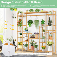 Scaffale per Piante in Bambù a 9 Livelli, Porta Fiori da Interno ed Esterno, Porta Vasi 2 in 1 con Barra e Dispositivo Antiribaltamento, 167 x 30 x 166 cm