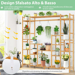 Scaffale per Piante in Bambù a 9 Livelli, Porta Fiori da Interno ed Esterno, Porta Vasi 2 in 1 con Barra e Dispositivo Antiribaltamento, 167 x 30 x 166 cm