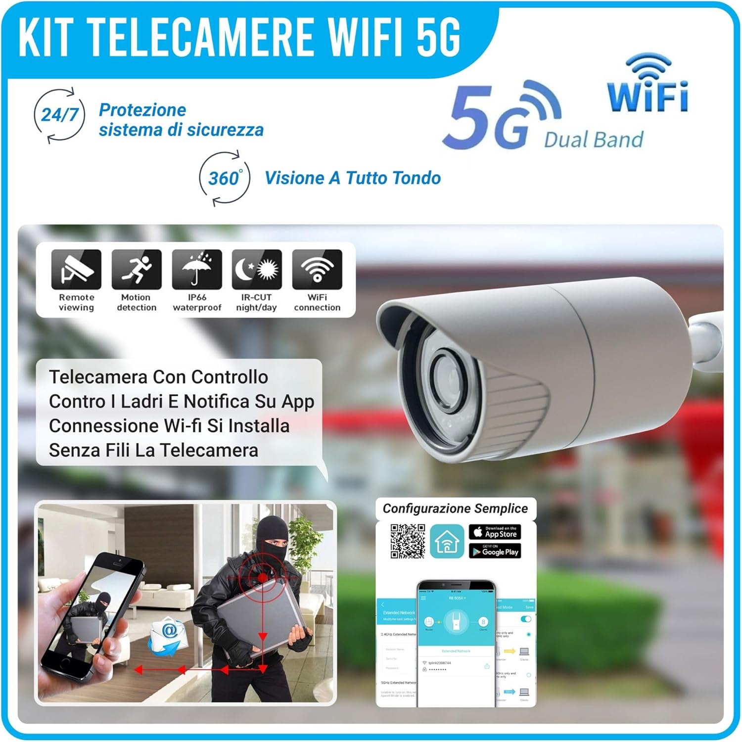 Telecamera Wi-Fi Esterno, Kit Videosorveglianza Wireless, 4 Canali FUll Hd Ip Senza Fili, Telecamera 5 MPX Visione da Smartphone Tablet