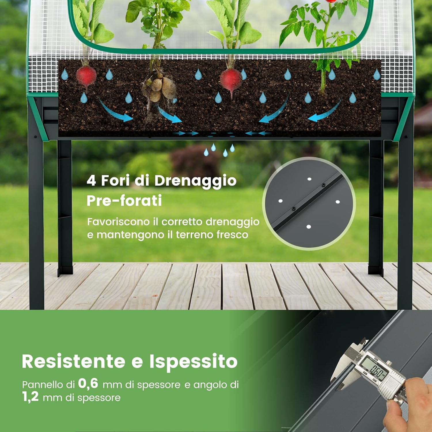 Letto per Orto in Cassetta con Serra da Giardino, Fioriera Rialzata da Giardino in Acciaio Zincato e PE, Aiuola Rialzata con Fori di Drenaggio da Esterno, 115 x 60 x 150 cm, Grigio