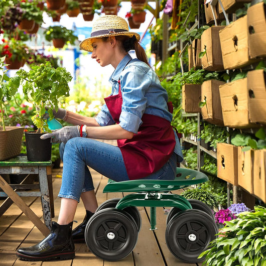 Sgabello con Ruote per Giardinaggio, Sedile con Ruote Regolabile in Altezza e Portatile, Seggiolino da Giardino, Prato e Cortile, Portata 150kg