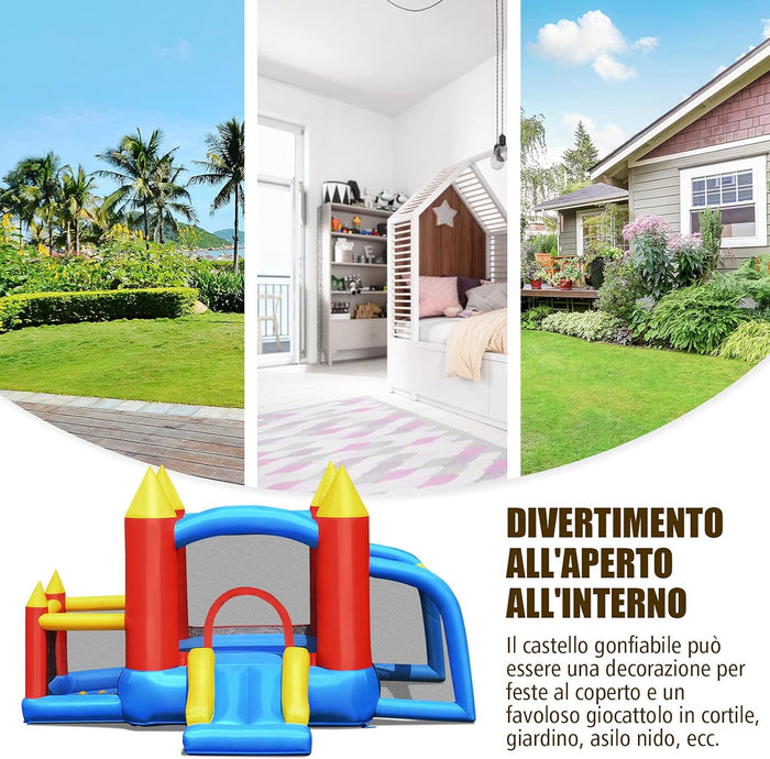 Castello Gonfiabile per Bambini, con Scivolo, 60 Palline, Borsa di Trasporto e Kit di Riparazione, per 4 Bambini 3-10 Anni, Soffiatore Incluso, Regalo Perfetto per Bambini