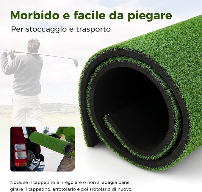 Tappeto da Allenamento Golf 3-in-1, Tappetino da Allenamento in Erba Sintetica con 2 Punte da Golf, 2 Aste di Allineamento e 3 Fori Preforati per le Punte