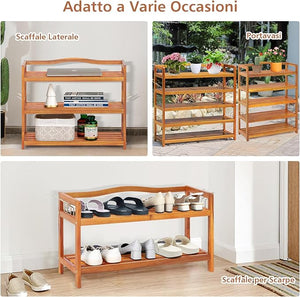 Scarpiera a 2 Livelli, Scaffale per Scarpe in Legno di Acacia Solido con Ganci Laterali in Metallo, Contiene 12 Paia, Capacità di Ogni Ripiano 20 kg, 74 x 26 x 42 cm (2 Livelli)