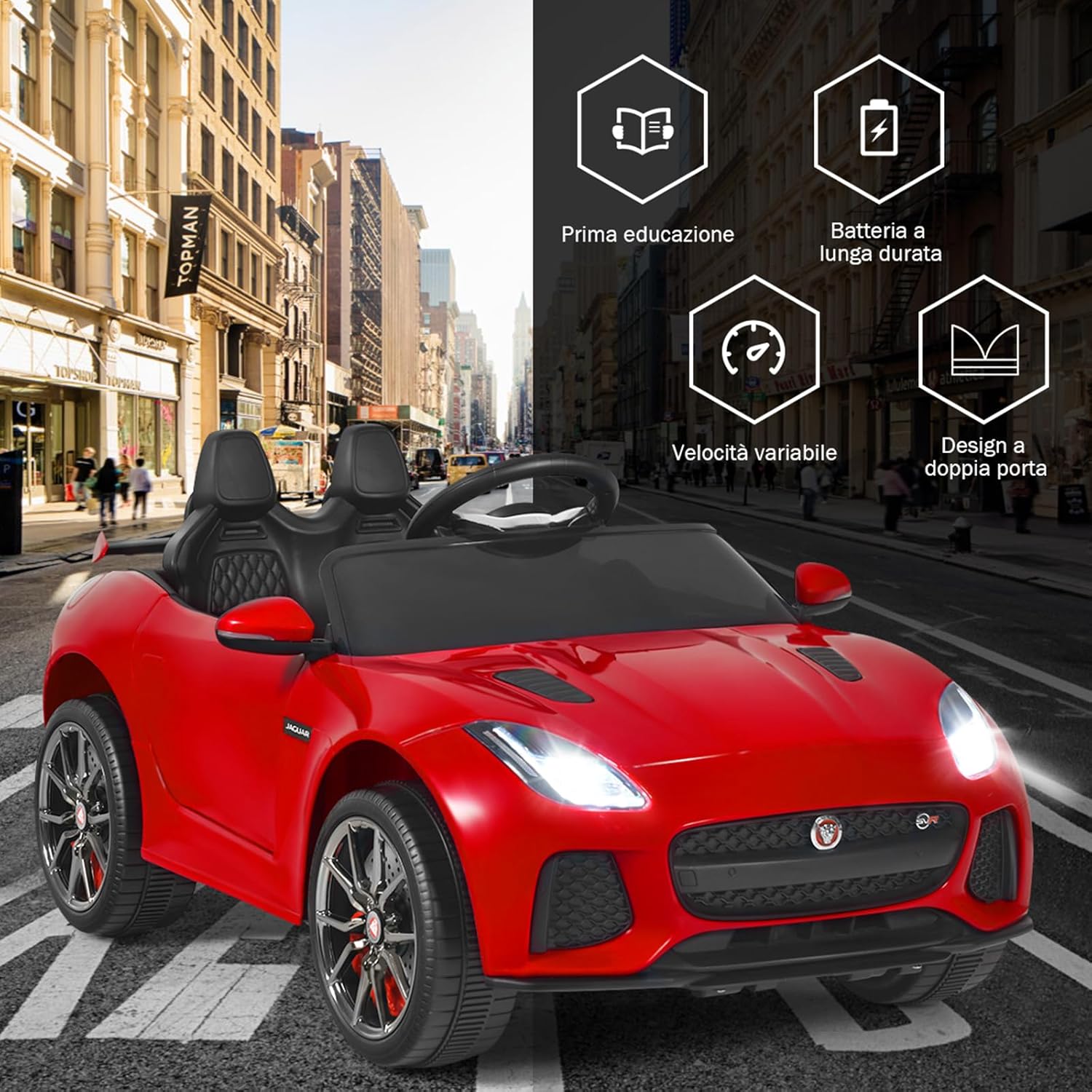 Jaguar Auto Elettrico 12 V per Bambini, Macchina Elettrica con Telecomando, con Luci Musica Storia, Avvio Lento, Velocit¨¤ 3-5 km/h (Rosso)