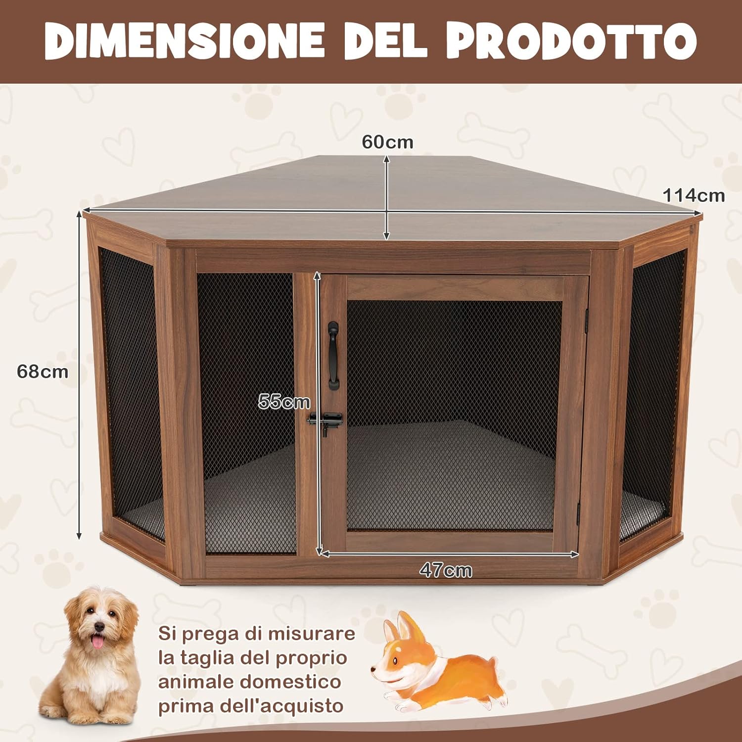 Gabbia per Cani ad Angolo, Casetta per Cani Angolare con Porta a Rete e Cuscino, Maniglia e Chiavistello, Mobile Kennel per Cani da Interno per Stanze e Appartamenti Piccoli