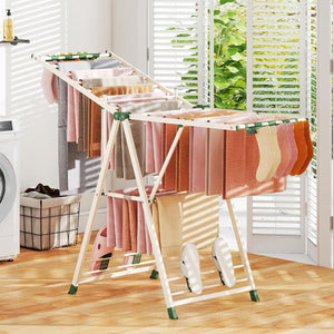 Stendibiancheria con 18 Barra, Stendino Pieghevole in Metallo con Ali Regolabili in Altezza, Clips per Calzini, Supporto per Abbigliamento Autoposante a Ali per Interno Esterno (Beige)