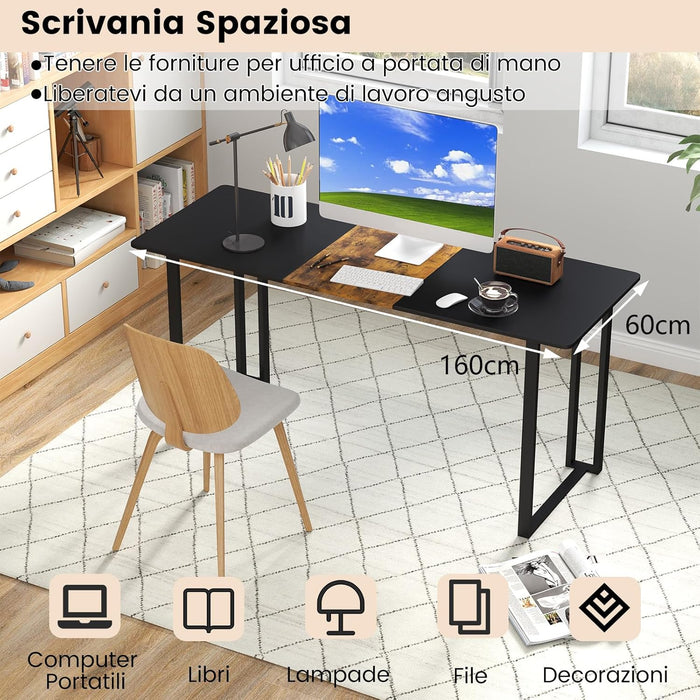 Scrivania per Computer, Scrivania da Ufficio 160 x 60 x 75,5 cm per Studenti e Lavoratori, Tavolo da Conferenza in Metallo Moderno per Studio, Marrone e Nero