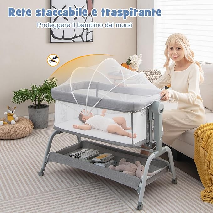 Culla Neonato Fianco 4 IN 1, Culla Co-sleeping con Spondina Apribile, Altezza Regolabile, Inclinabile, Materasso Ruote Borsa da Viaggio Zanzariera Inclusi, 0-6 Mesi Fino a 9 kg (Grigio)