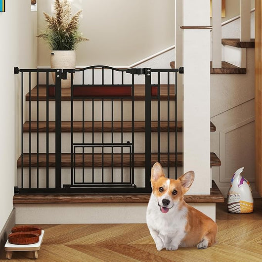 Cancelletto per Bambini per Aperture 74-104 cm, Cancello per Bambino con Porta Piccola, 2 Estensioni e Doppio Blocco, Cancelletto in Metallo da Interno per Cucina, Scale e Soggiorno (Nero)