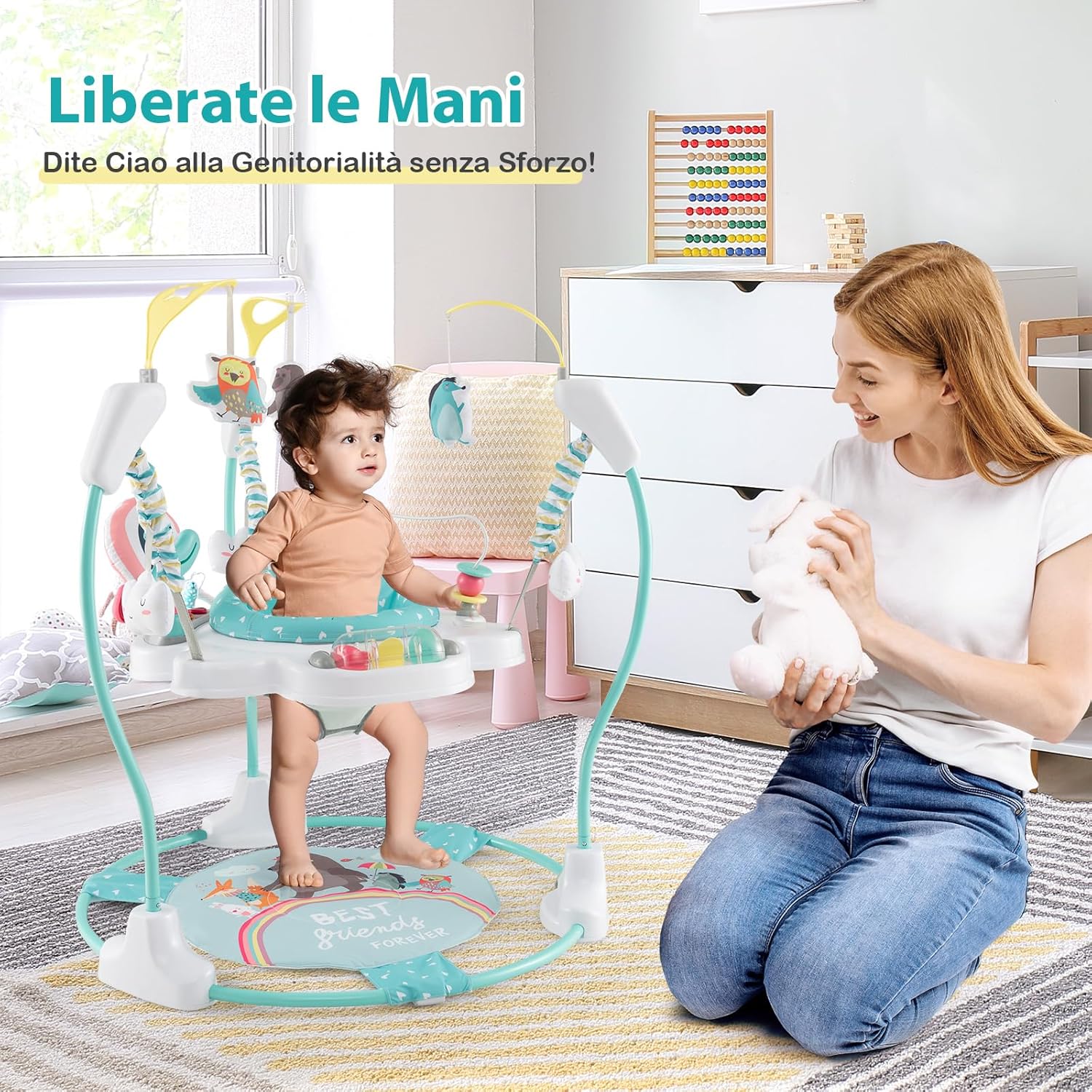 Jumperoo per Bambini, Centro attività Saltella con Altezza Regolabile, Gioco Saltellante con Sedile Girevole a 360°, Saltarello per Neonati con Luci e Suoni per Bambini 6+ Mesi (Blu)