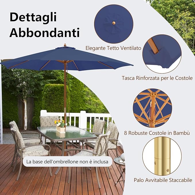 Ombrellone da Giardino 300 x 300 cm, Ombrellone Pieghevole con 8 Stecche di Bambù, 3 Altezze Regolabili, Ombrellone da Parasole Impermeabile, per Giardino Cortile Piscina