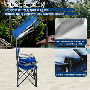 Sedia Spiaggia a Doppio, Sedia da Campeggio con Tettoia Regolabile, Poltrona Loveseat per 2 Persone, con Borsa da Trasporto, Borsa Termica, per Giardino Picnic, Portata 300 kg (Blu)