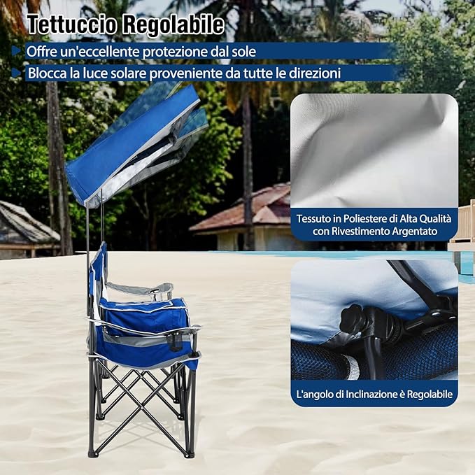Sedia Spiaggia a Doppio, Sedia da Campeggio con Tettoia Regolabile, Poltrona Loveseat per 2 Persone, con Borsa da Trasporto, Borsa Termica, per Giardino Picnic, Portata 300 kg (Blu)