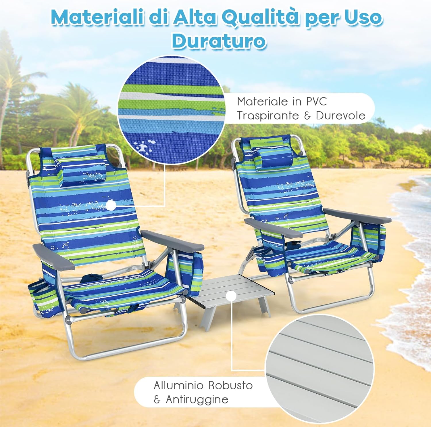 Set di Sedie da Spiaggia e Tavolino, Sedie da Esterno Reclinabili con Tavolino da Campeggio, Set di Tavolino in Alluminio e 2 Sedie Pieghevoli da Spiaggia a 5 Posizioni (Blu+Verde)