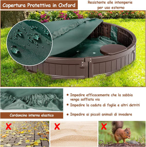 Sabbiera per Bambini con Rotondo Coperchio Impermeabile, Ideale per Giardino, Cortile e Spiaggia,120 x 120 x 21 cm, Marrone