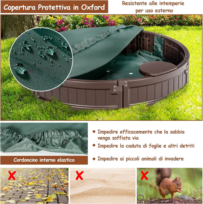 Sabbiera per Bambini con Rotondo Coperchio Impermeabile, Ideale per Giardino, Cortile e Spiaggia,120 x 120 x 21 cm, Marrone