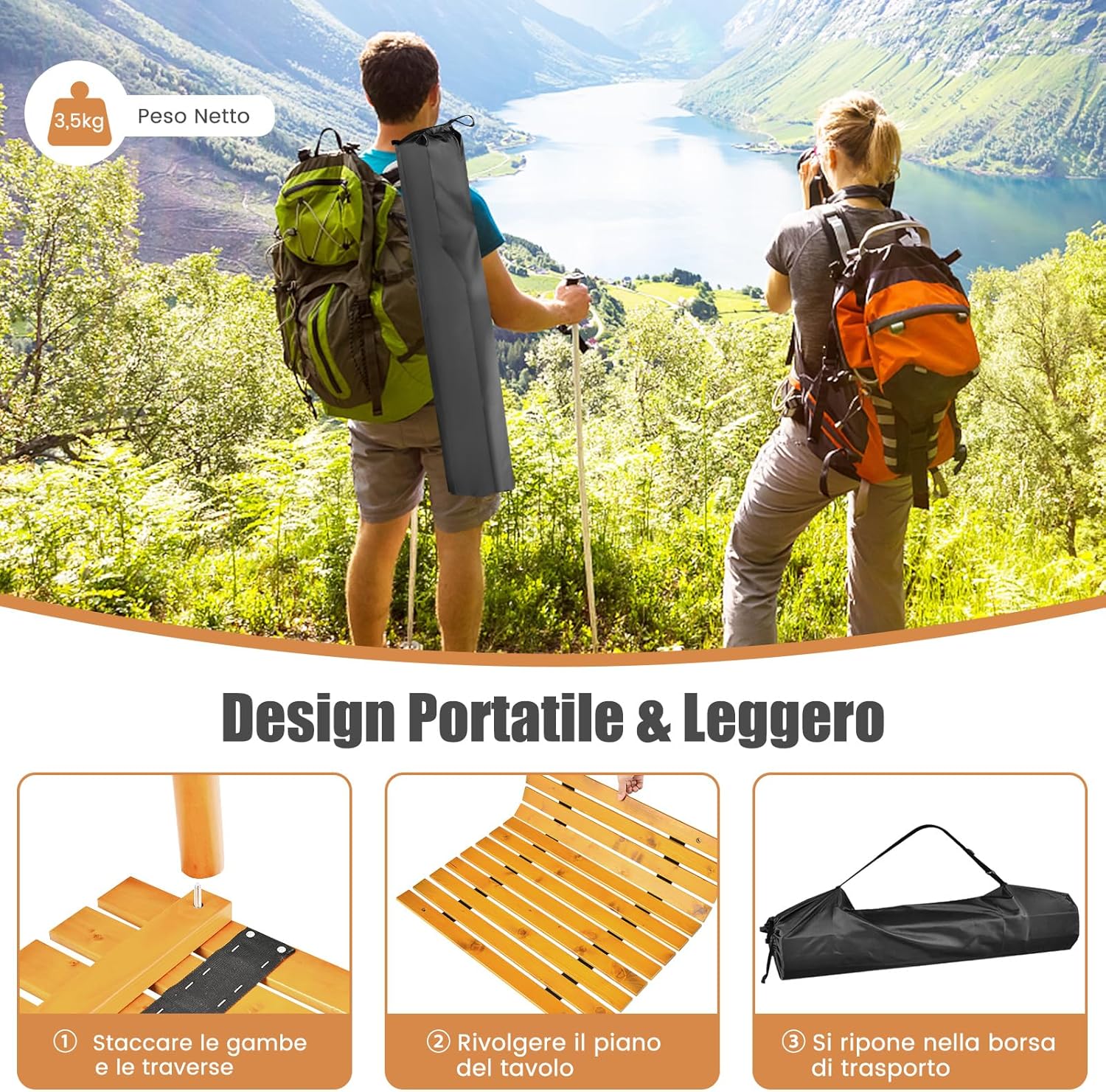 Tavolo da Campeggio Pieghevole per Esterni, Tavolo Picnic in Legno con Borsa Portatile, Tavolo da Campeggio Multifunzione per Spiaggia, Picnic, Pesca, Barbecue, 69 x 69 x 42 cm (Naturale)