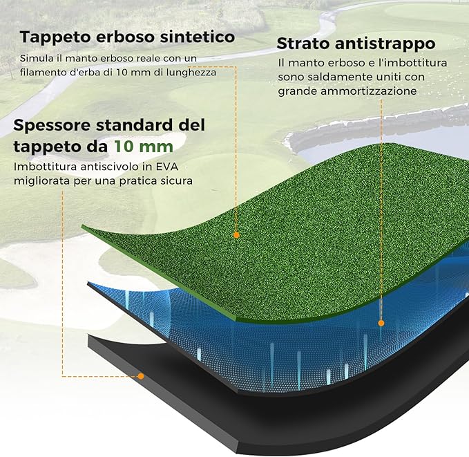 Tappeto da Allenamento Golf 3-in-1, Tappetino da Allenamento in Erba Sintetica con 2 Punte da Golf, 2 Aste di Allineamento e 3 Fori Preforati per le Punte