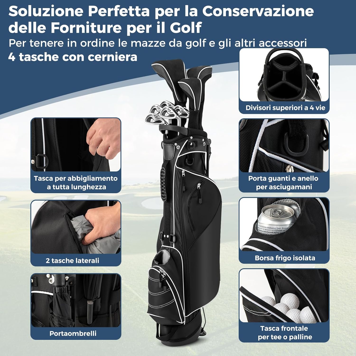 Sacca da Golf con Supporto, Borsa da Golf a 4 Scomparti con 4 Tasche con Cerniera, Borsa Frigo, Tracolla Doppia, Cappuccio Antipioggia, Supporto per Ombrellone