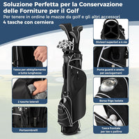 Sacca da Golf con Supporto, Borsa da Golf a 4 Scomparti con 4 Tasche con Cerniera, Borsa Frigo, Tracolla Doppia, Cappuccio Antipioggia, Supporto per Ombrellone