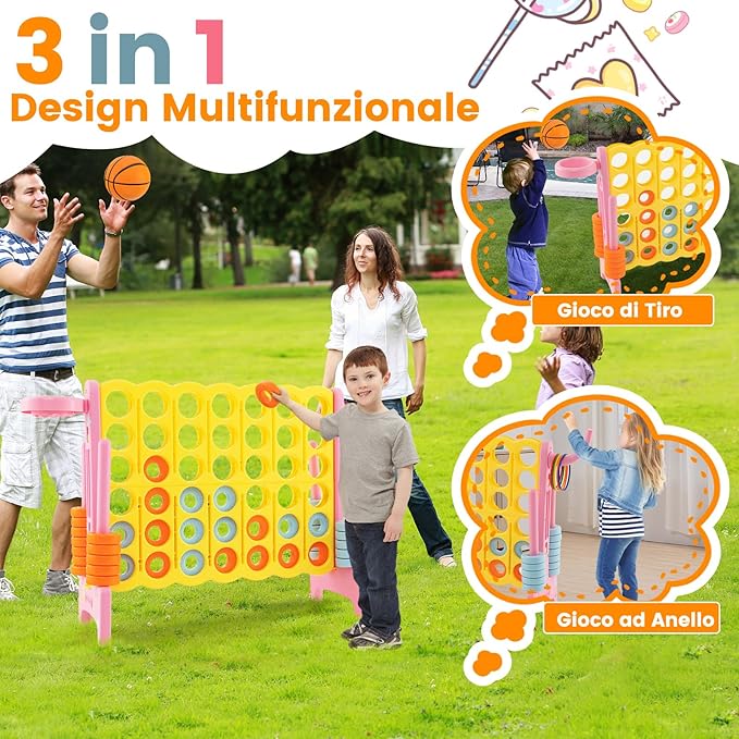 Forza 4 Gigante, Forza Quattro per Bambini con Canestro, Palla, 5 Anelli e 42 Piedine, Giochi Educativi da Esterno ed Interno per Vacanze e Feste, Ideale per Bambini +3 Anni