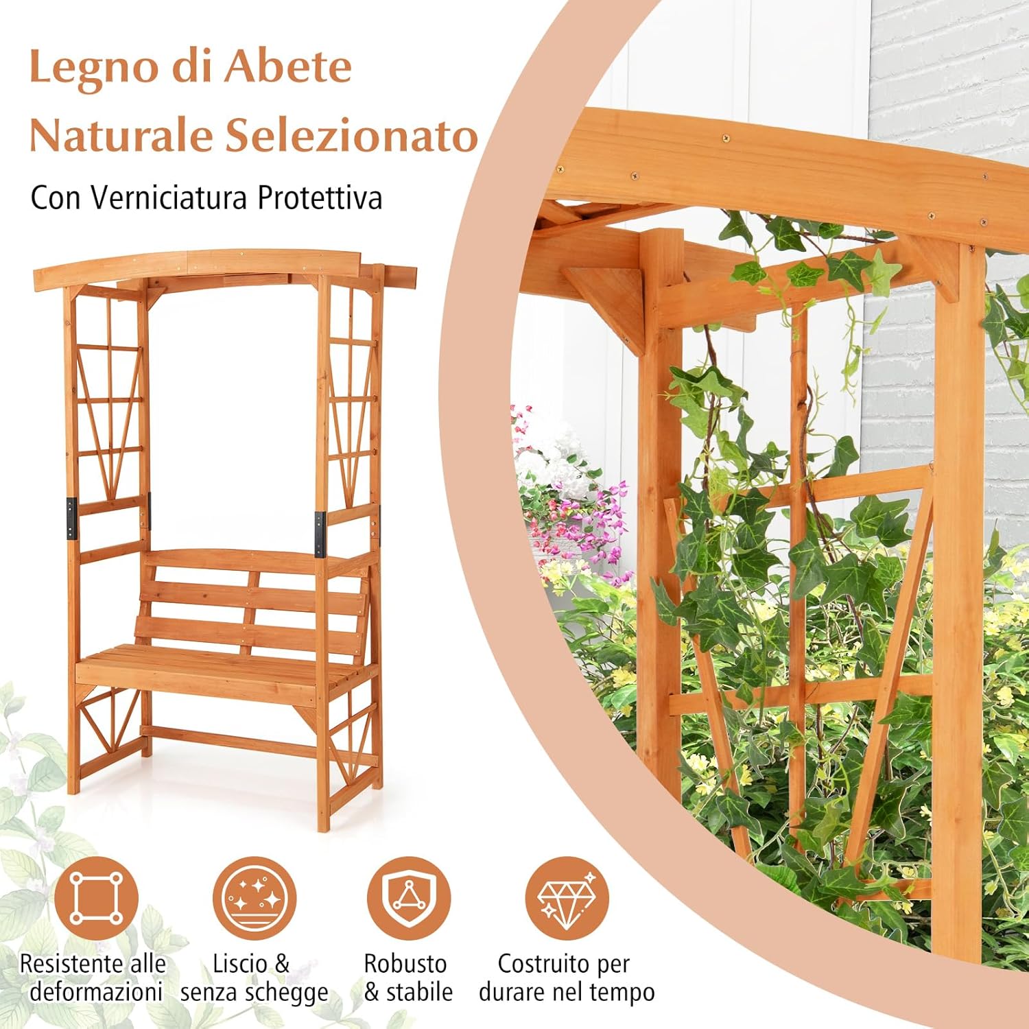Panchina 2 Posti con Arco da Giardino per Rose e Rampicanti, Pengolato con Panchina in Legno di Abete, Graticcio per Piante da Esterno per Balcone, Cortile e Terrazzo (120 x 58 x 189 cm)