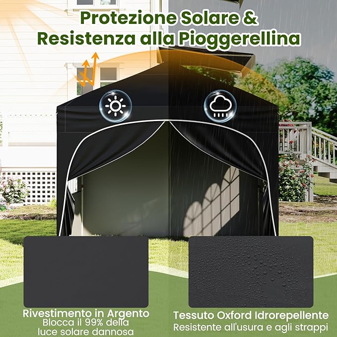 Gazebo Piehevole da Esterno 3 x 3 m, Gazebo Regolabile in Altezza con Pareti Rimovibili, Borsa con Ruote, Picchetti, Ancoraggi, Corde Vento e Sacchi di Sabbia, Tendone per Giardino (Nero)