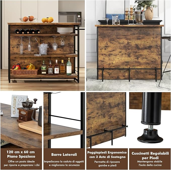 Isola per Cucina con Ampio Piano di Lavoro, Mobile da Cucina con 3 Ripiani Aperti, Poggiapiedi e Piedini Regolabili, Struttura in Metallo, per Cucina, Soggiorno, 120 x 60 x 101cm (Marrone)