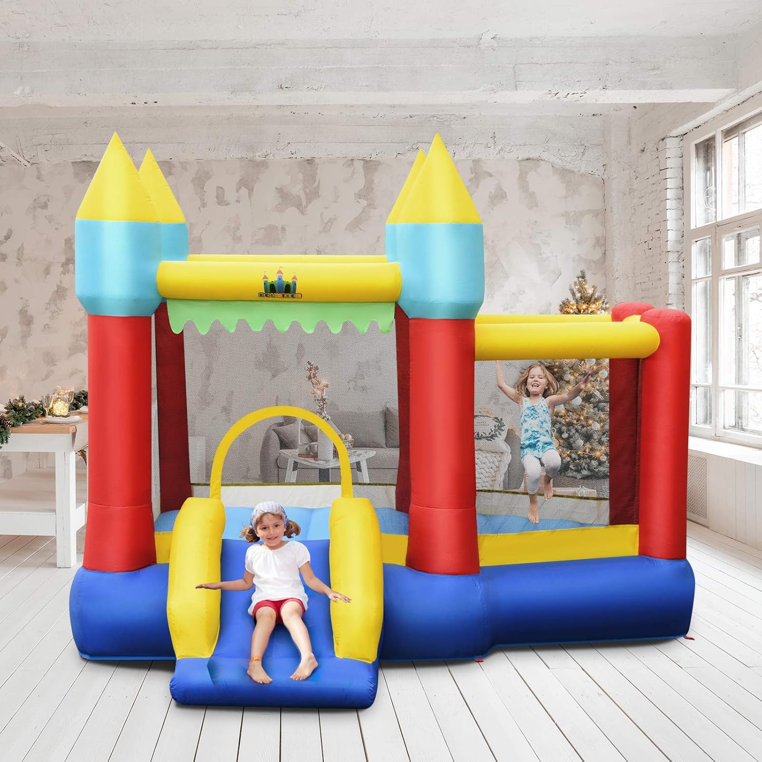 Castello Gonfiabile Per Bambini, con Scivolo, 100 Palline, Borsa di Trasporto e Kit di Riparazione, per 3 Bambini 3-10 anni, Regalo Perfetto per Bambini (con Soffiatore 450W)