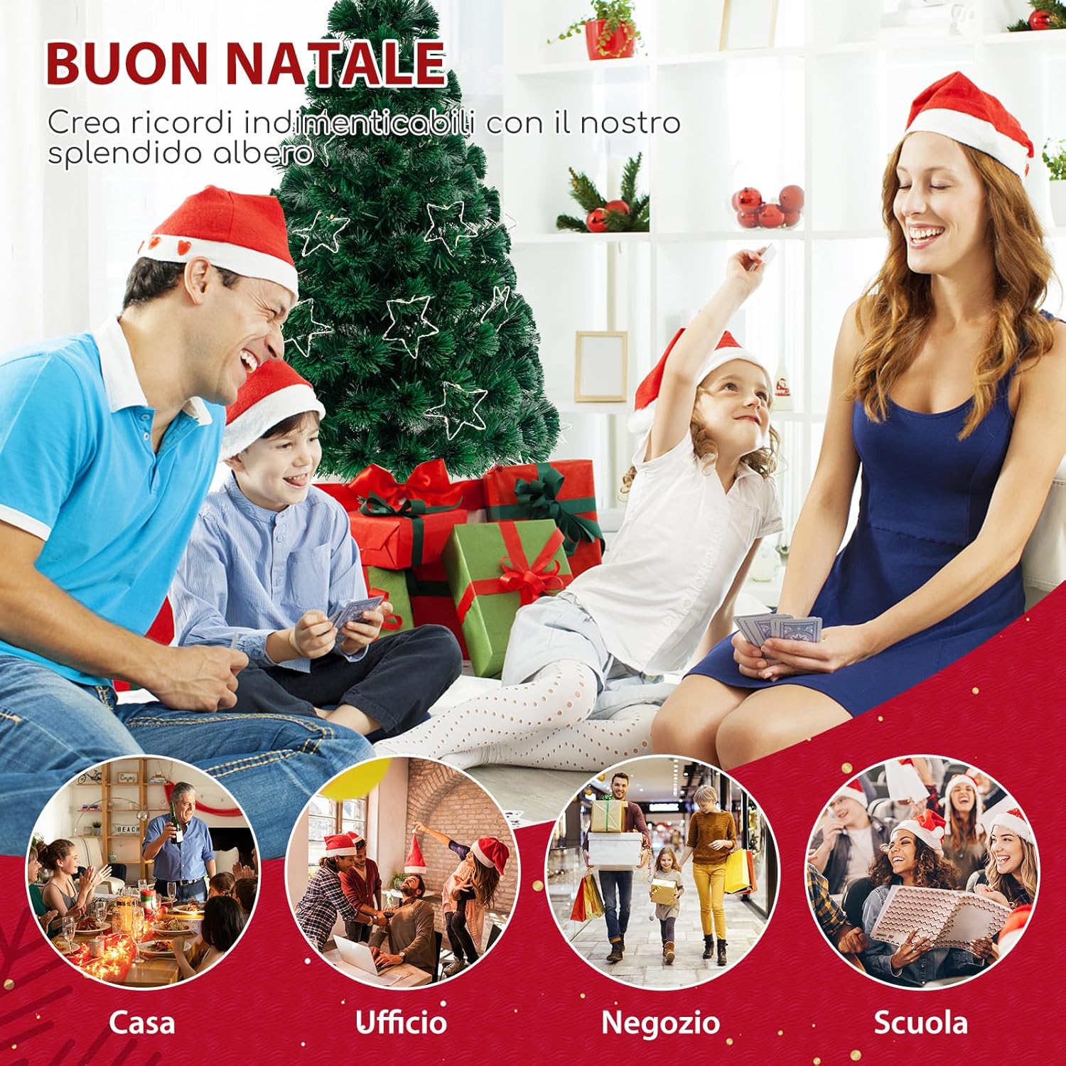 Albero di Natale in Fibra Ottica 150/180 cm, Albero di Natale Artificiale Pre-illuminato con 24/36 Luci a Stringa, Stella sulla Cima e 170/230 Punte dei Rami, Decorazione per Feste (180 CM)