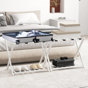 Portavaligie Pieghevole, Porta Valigie Poggia Bagaglio a 2 Ripiani, Cavalletto da Valigie, per Hotel e Viaggio, in Metallo, 68 x 43 x 56 cm (Bianco 2)