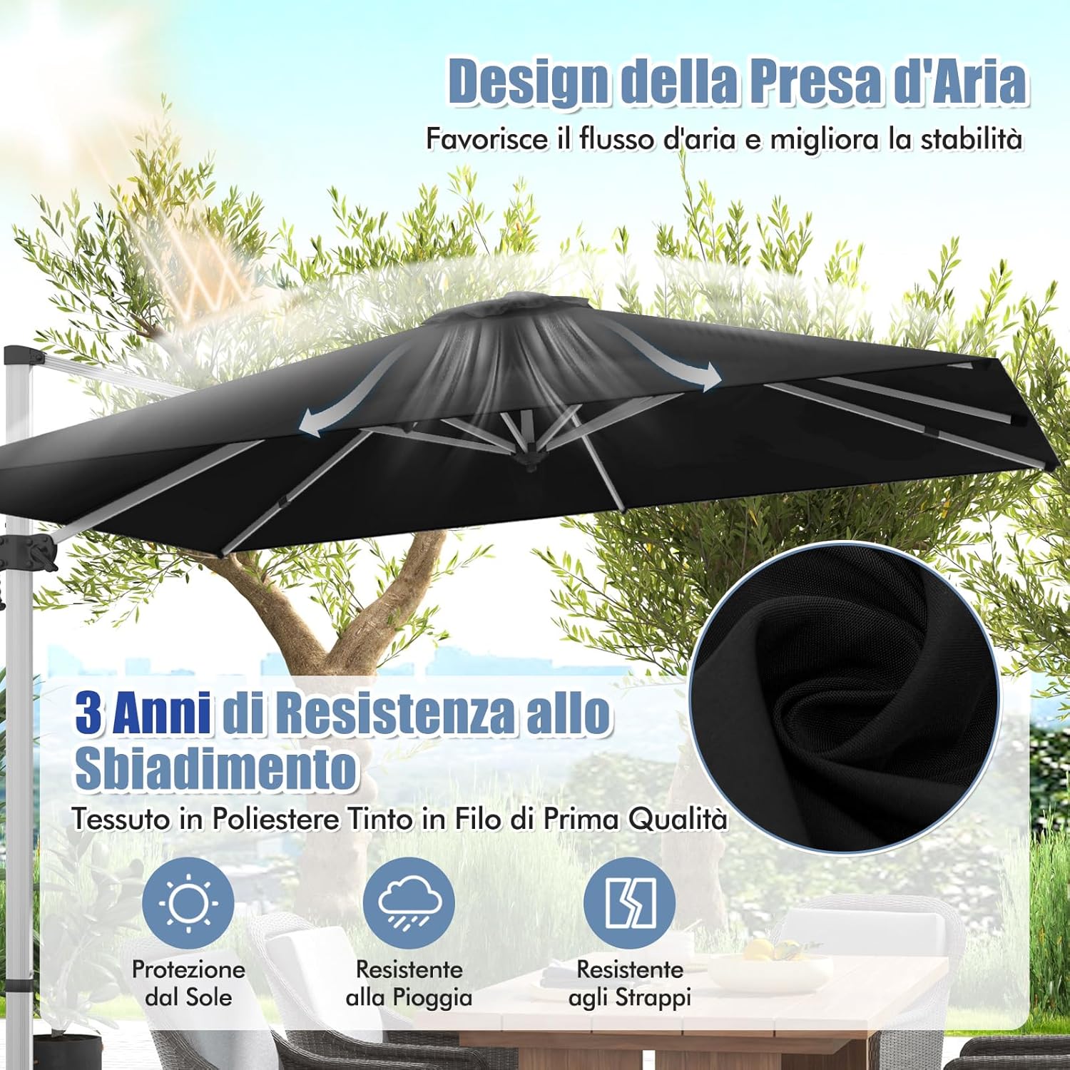 Ombrellone da Giardino, con Base Incrociata, Ombrellone Quadrato da Esterno con Palo in Alluminio e Girevole a 360°, Manovella e Inclinazione Regolabile, 300 x 300 cm (Nero)
