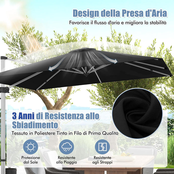 Ombrellone da Giardino, con Base Incrociata, Ombrellone Quadrato da Esterno con Palo in Alluminio e Girevole a 360°, Manovella e Inclinazione Regolabile, 300 x 300 cm (Nero)