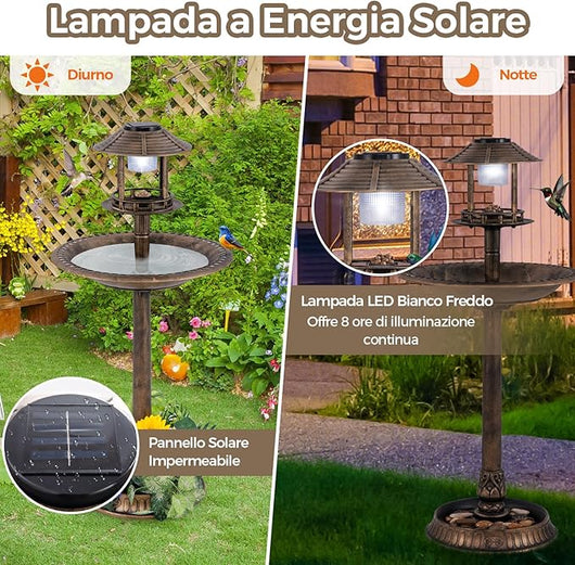 Mangiatoia Decorativa per Uccelli, Casetta per Uccellini da Esterno con Base per Fioriera, Lampada Solare, Decorazione Vintage da Giardino e Cortile (Bronzo Antico, 50 x 50 x 107 cm)
