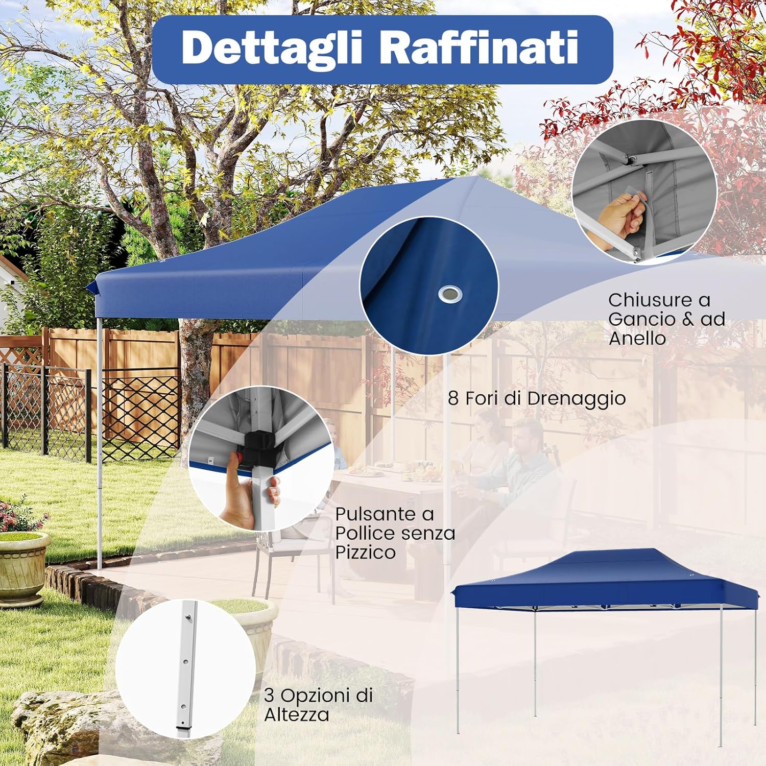 Gazebo Pop-up Pieghevole 3 x 4,5 m, Gazebo da Giardino Impermeabile Altezza Regolabile con Fori di Drenaggio, Tenda da Giardino Antivento con Borsa di Trasporto a Ruote (Blu)