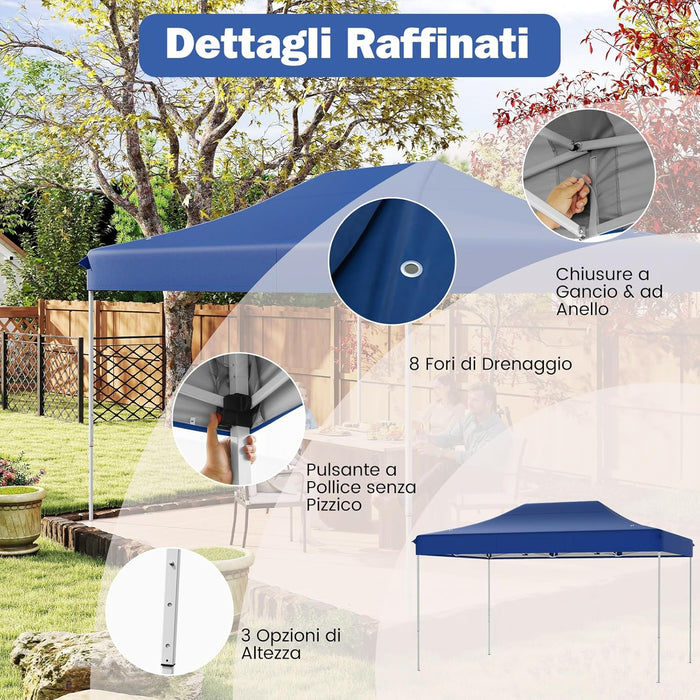 Gazebo Pop-up Pieghevole 3 x 4,5 m, Gazebo da Giardino Impermeabile Altezza Regolabile con Fori di Drenaggio, Tenda da Giardino Antivento con Borsa di Trasporto a Ruote (Blu)