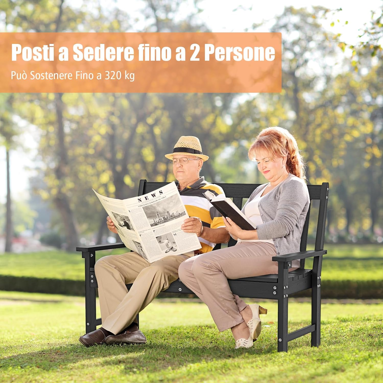 Panchina da Esterno, Panca da Giardino in HDPE Resistente con Schienale e Braccioli, Panchina da Parco, Balcone, Spogliatoio e Cortile, 132 x 65 x 91 cm (Nero)