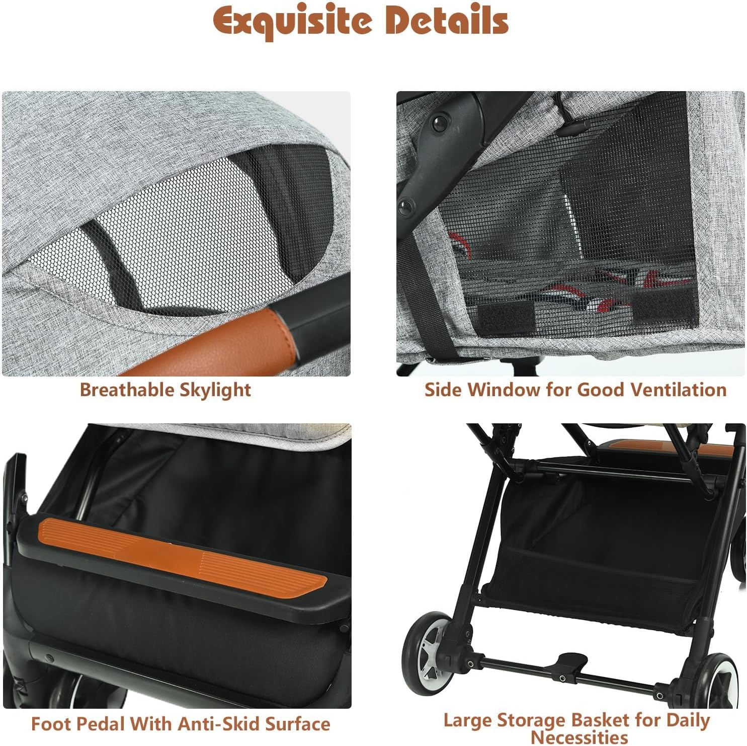 Passeggino Ultraleggero per Bambini 0-36 Mesi, Passeggino Compatto a Ombrello, per Viaggio, Aereo, Pieghevole, Regolabile, con Cintura di Sicurezza, Ruote, Freno, Parasole, Cesto, Grigio